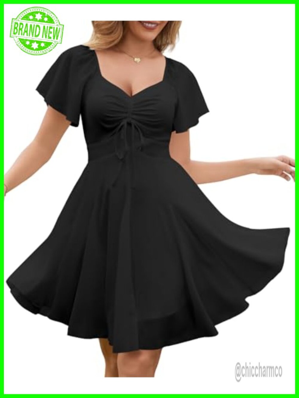 Sweetheart Drawstring Mini Dress Flutter Sleeve Tie Back